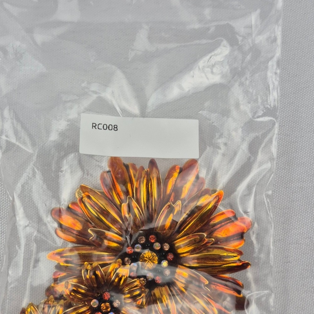 Joan Rivers Vtg 90s Orange Chrysanthemum Brooch & Clip Earrings Rhinestone - Picture 10 of 10